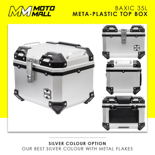 Baxic Small (35L) Silver | Lightweight Aluminum-Style Plastic Motorcycle Top Box