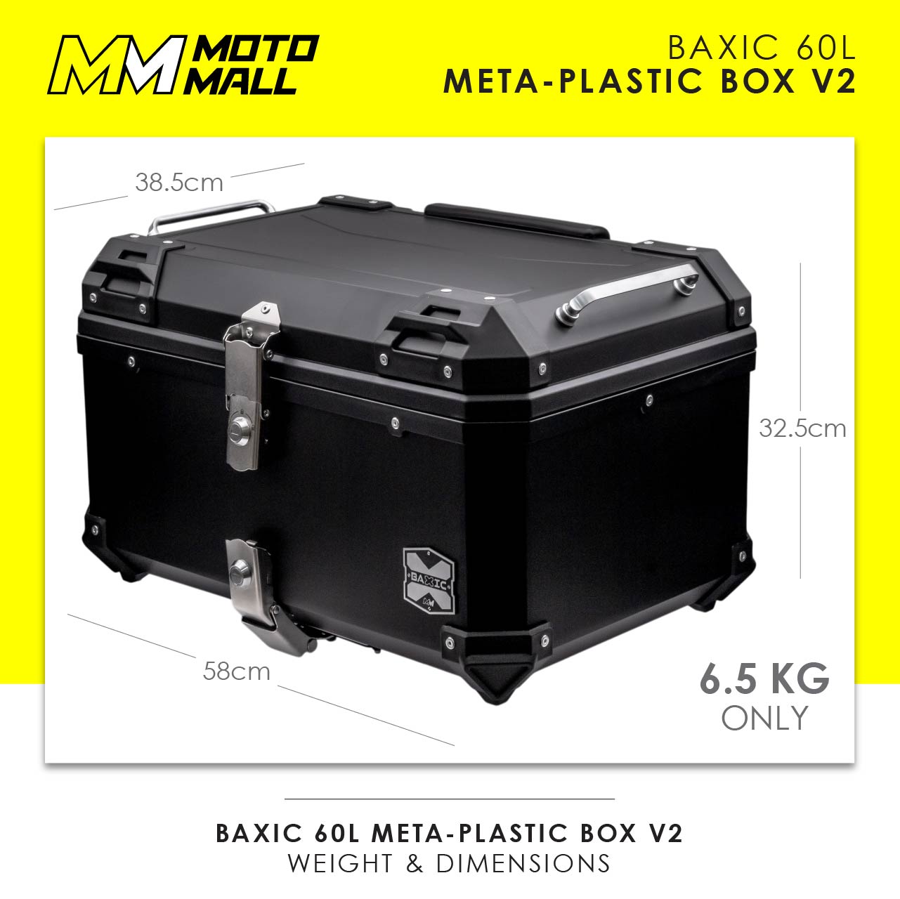Baxic Extra Large (60L) Black | Lightweight Aluminum-Style Plastic Motorcycle Top Box