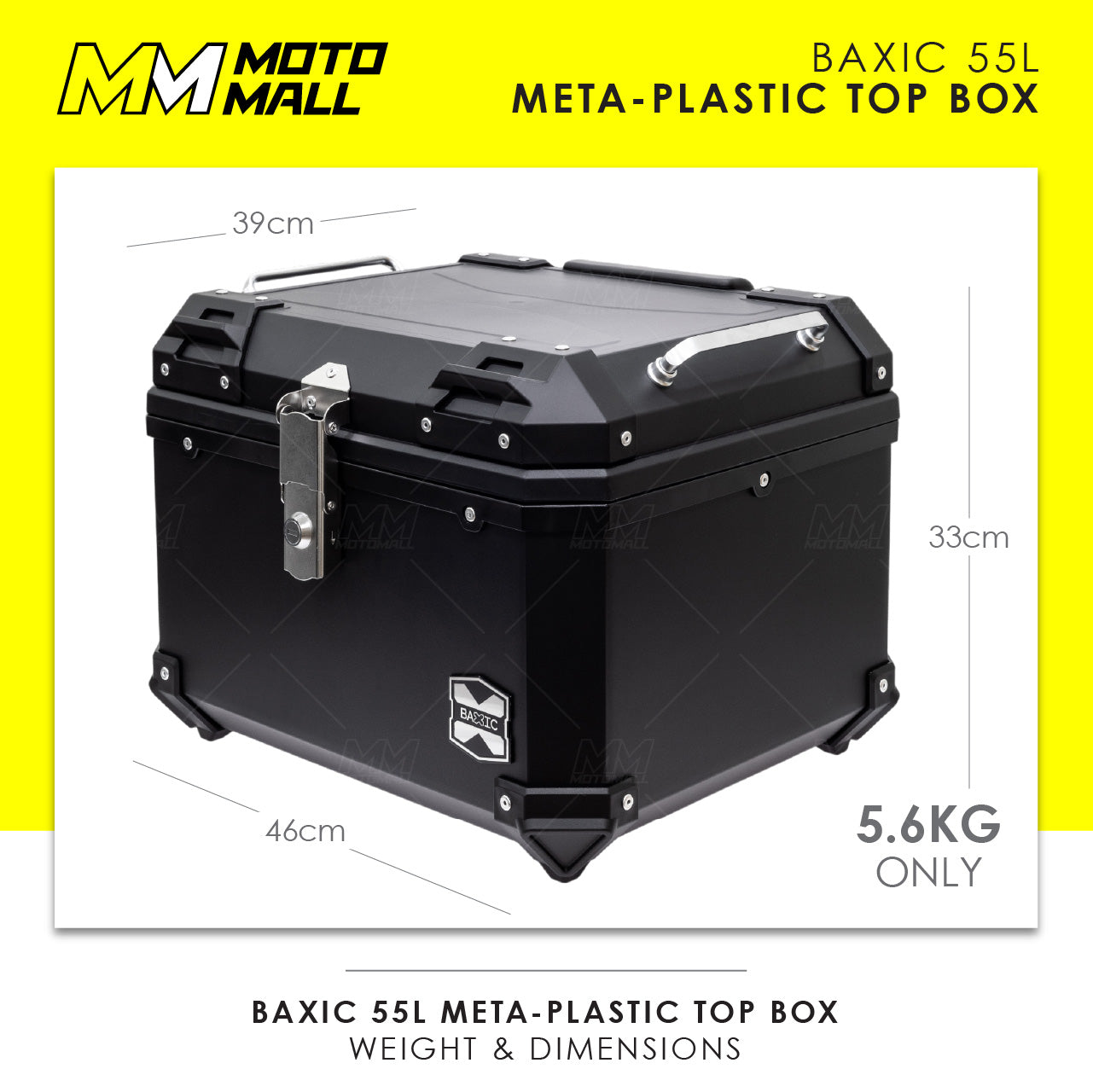 Baxic Large (55L) Black | Lightweight Aluminum-Style Plastic Motorcycle Top Box
