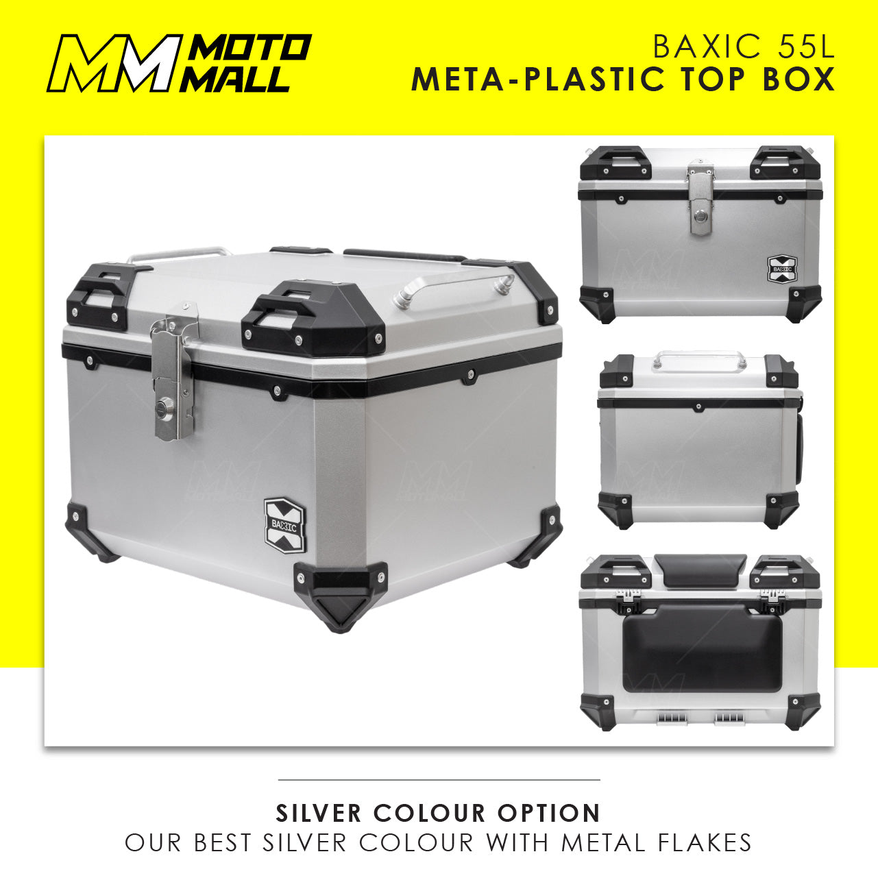 Baxic Large (55L) Silver | Lightweight Aluminum-Style Plastic Motorcycle Top Box