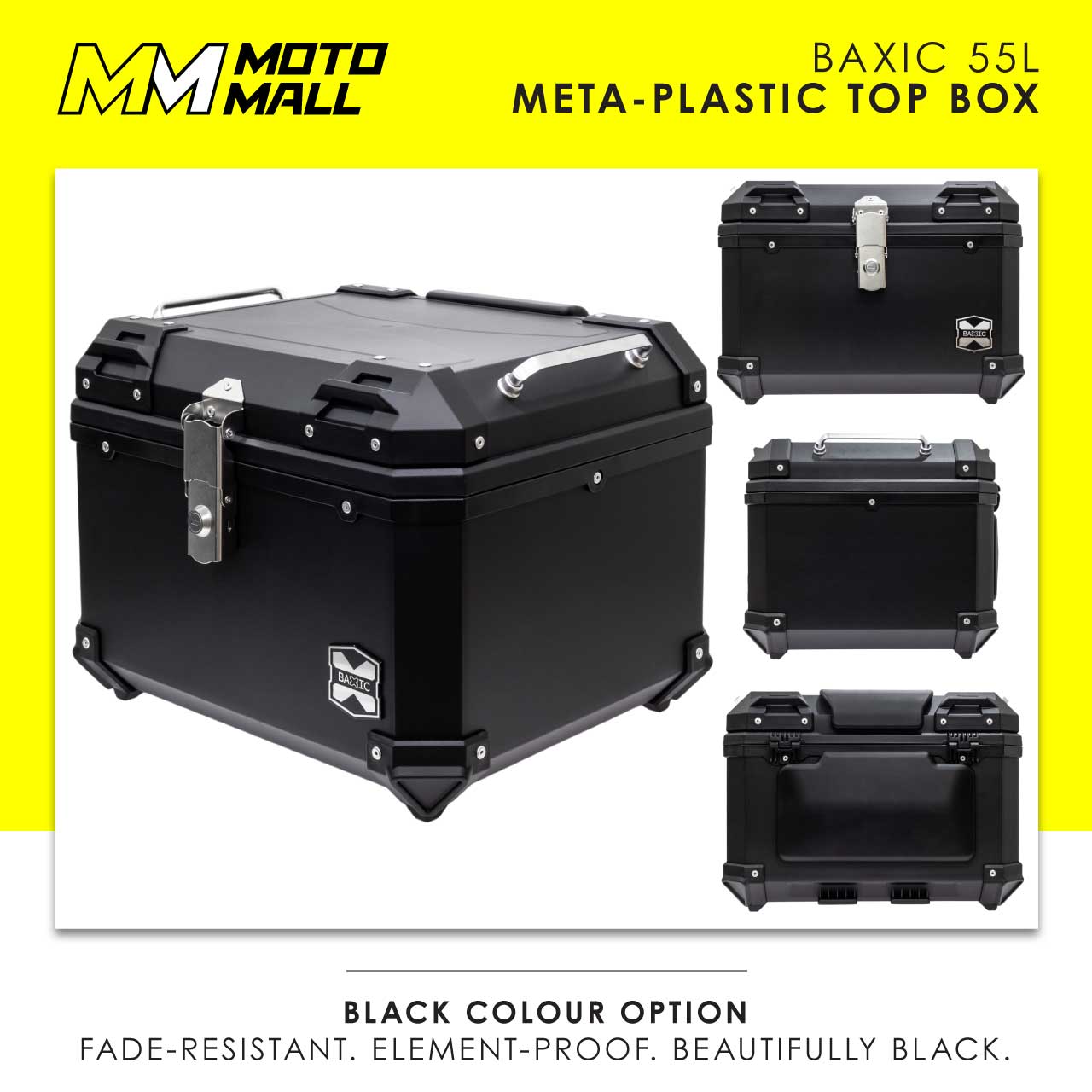 Baxic Large (55L) Black | Lightweight Aluminum-Style Plastic Motorcycle Top Box