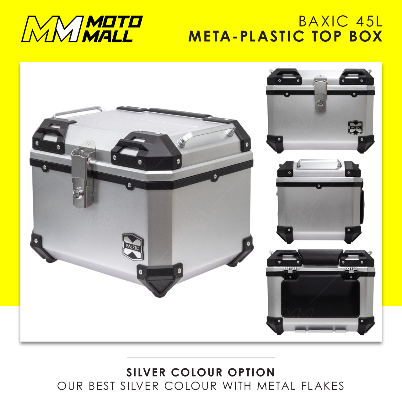 Baxic Medium (45L) Silver | Lightweight Aluminum-Style Plastic Motorcycle Top Box